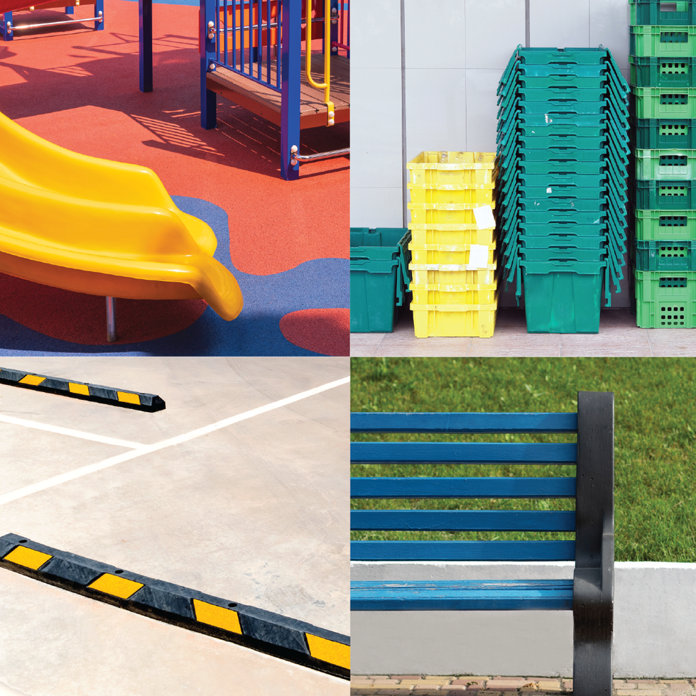 Image of playground cover, plastic pallets, rubber parking bumpers, and park bench